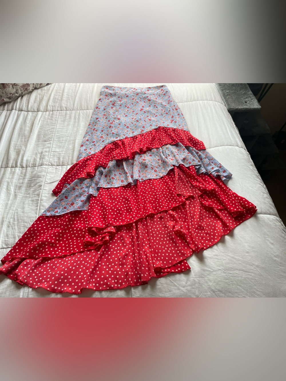 Y2K Blue Floral Red Polka Dot Tiered Asymmetric Skirt Small Cottagecore Coquette